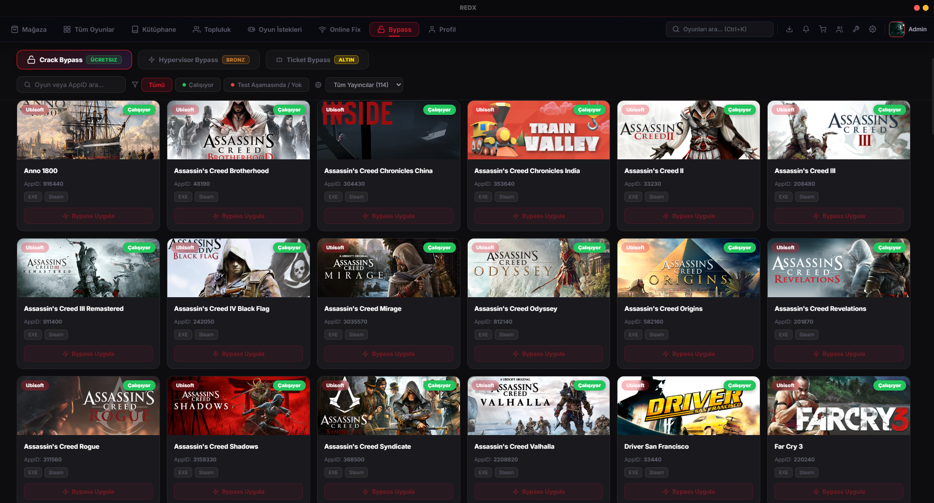 RedX Game Library Steam Oyun Bypass Modülü Arayüzü