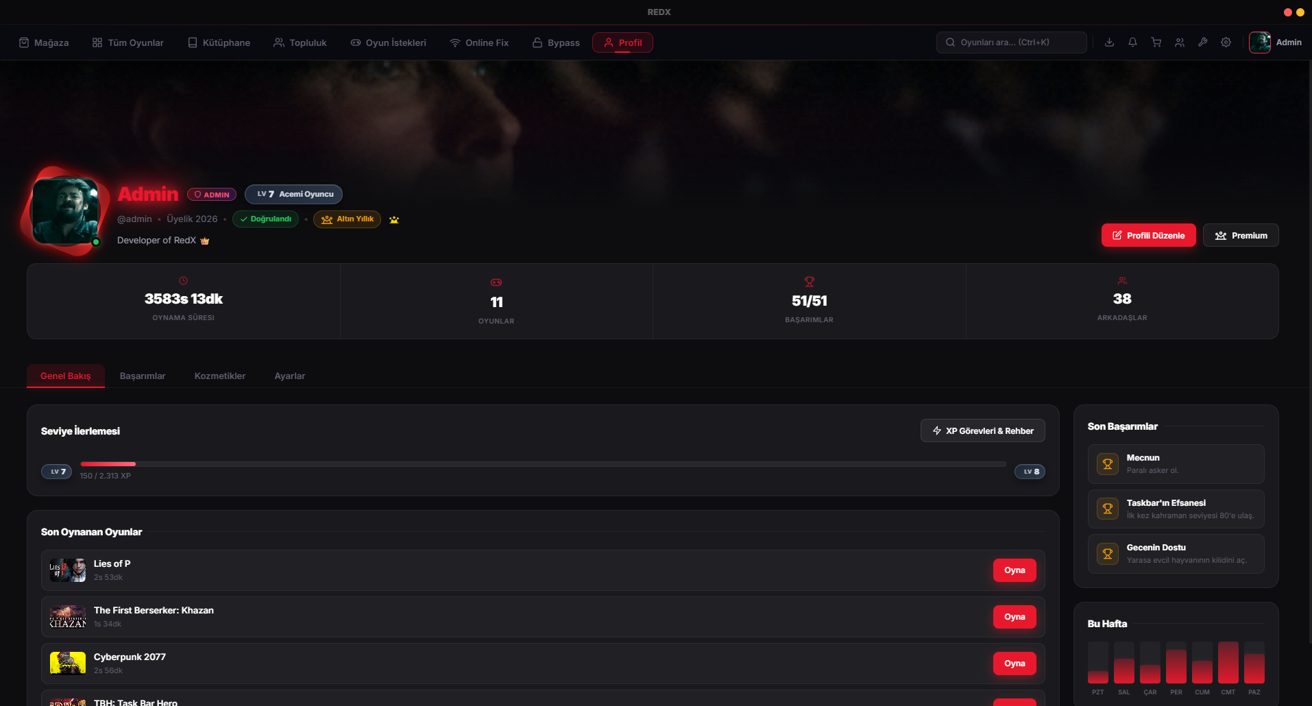 RedX Game Library Kullanıcı Profil ve XP Seviye Sistemi Ekran Görüntüsü
